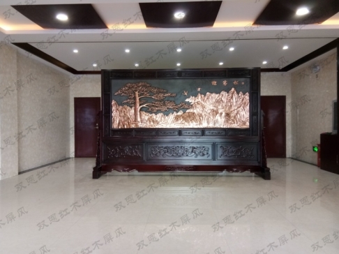 河南濮陽3.6米×2.31米迎客松、沁園春.雪紫銅浮雕屏風